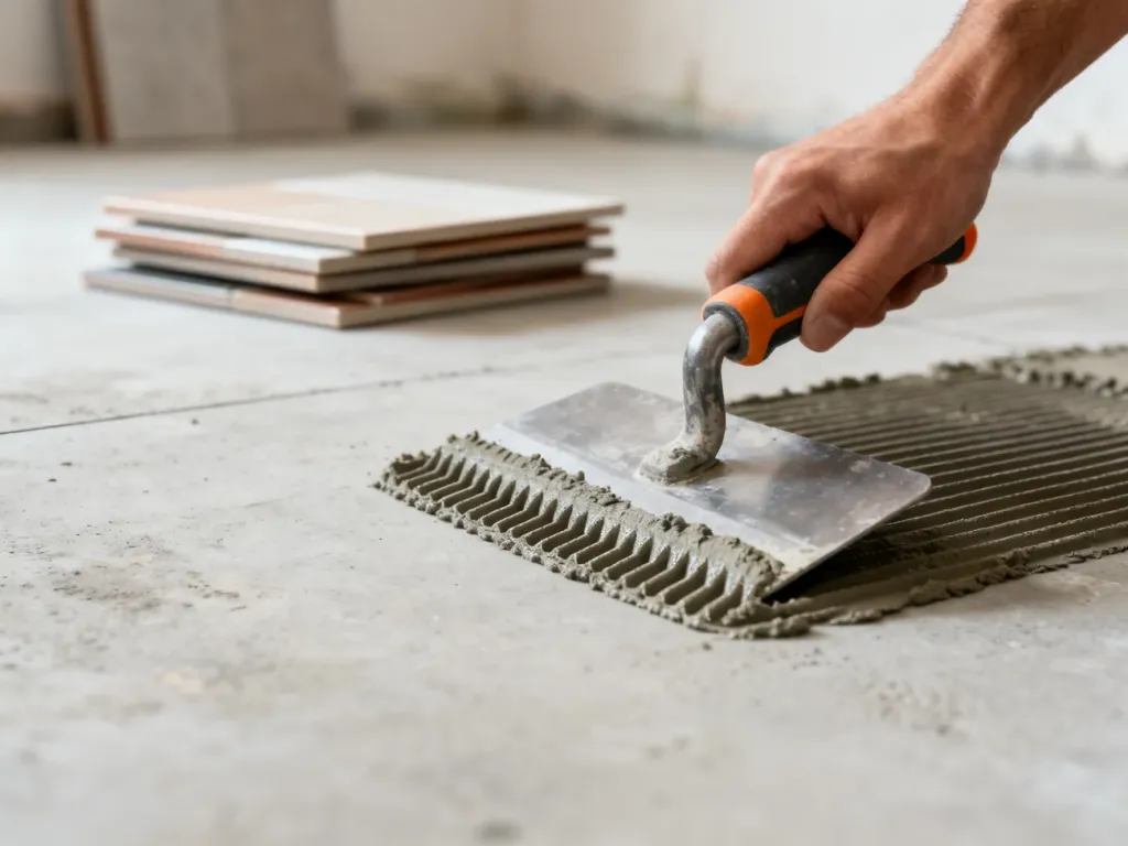 Profesjonalna paca zębata rozprowadzająca zaprawę klejową na betonowej podłodze przed układaniem płytek ceramicznych.