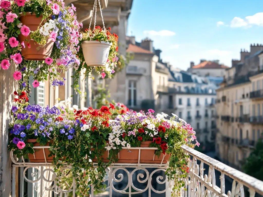Przytulny balkon w europejskim stylu z bujnie zwisającymi, kolorowymi kwiatami w donicach i skrzynkach na barierce.
