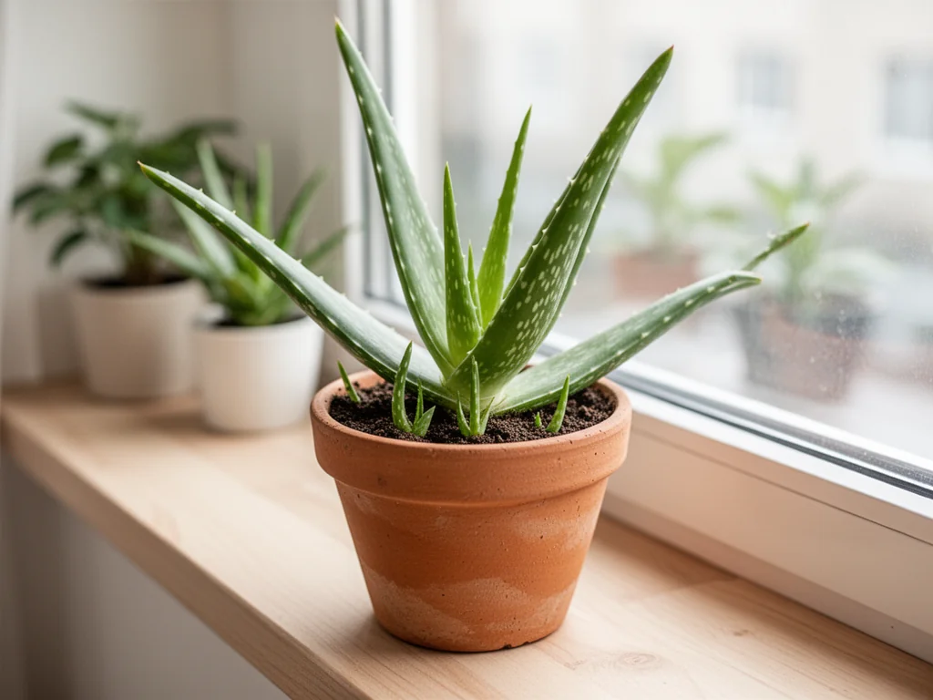 Zdrowy aloes w glinianej doniczce na jasnym parapecie, młode odrosty w ziemi, w tle rozmyte inne rośliny doniczkowe.
