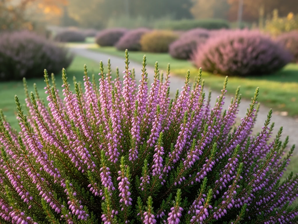 Kwitnące fioletowe wrzosy w jesiennym ogrodzie, z widocznymi detalami pędów i liści, tworzące spokojną, naturalną scenerię.