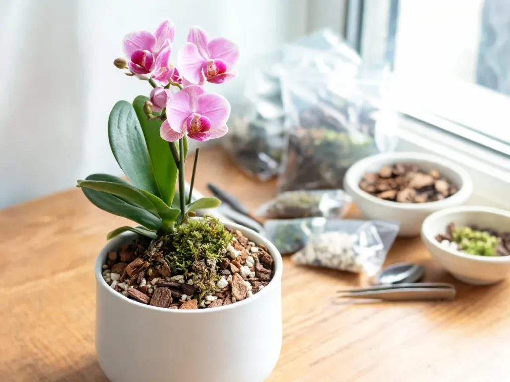 Storczyk phalaenopsis w białej doniczce z widocznym przewiewnym podłożem i w tle różne mieszanki podłoża do orchidei
