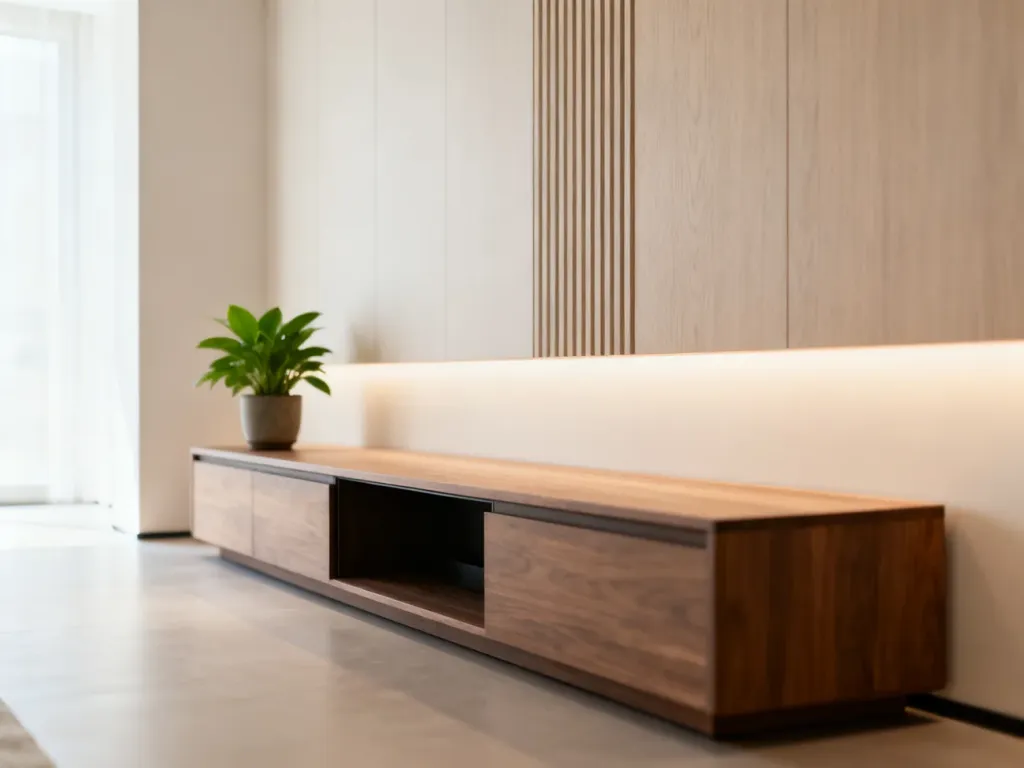 Minimalistyczny salon z drewnianą szafką RTV i elegancką ścianą z pionowymi panelami oraz nastrojowym oświetleniem.
