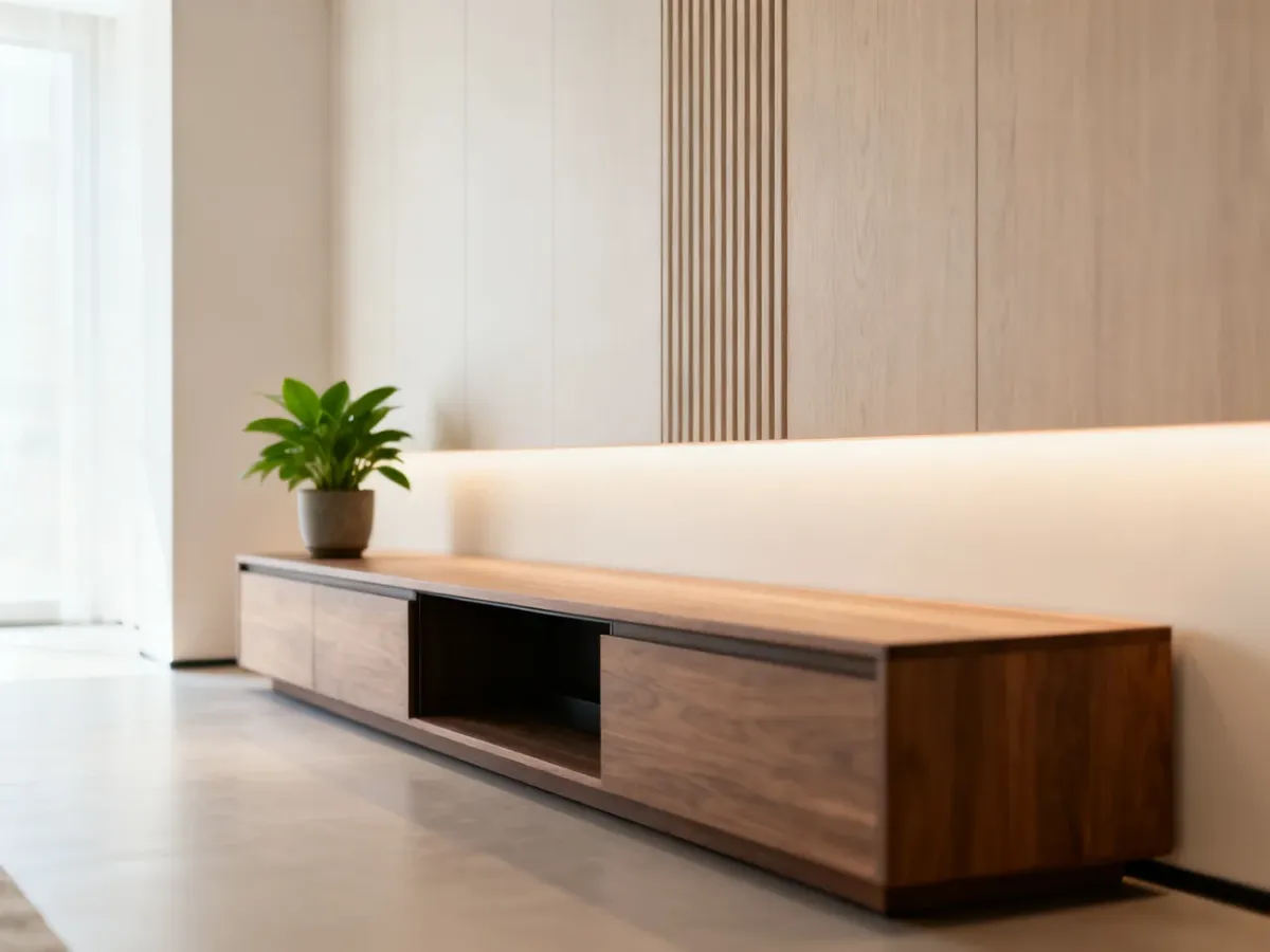 Minimalistyczny salon z drewnianą szafką RTV i elegancką ścianą z pionowymi panelami oraz nastrojowym oświetleniem.